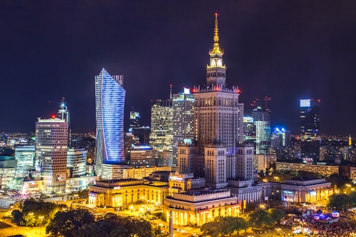 Warsaw skyline at sunset